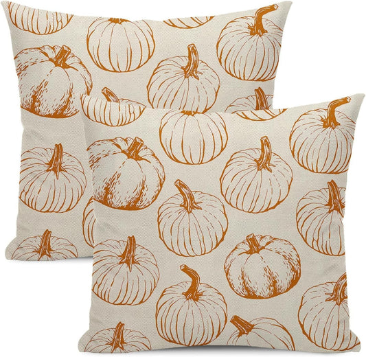 Fall Throw Pillow Covers 16 x 16 Set of 2 Orange Pumpkin Autumn Pillow Cover Harvest Thanksgiving Farmhouse Pillowcose Outdoor Line Decorative Cushion Case for Sofa Bed Couch Home Decor