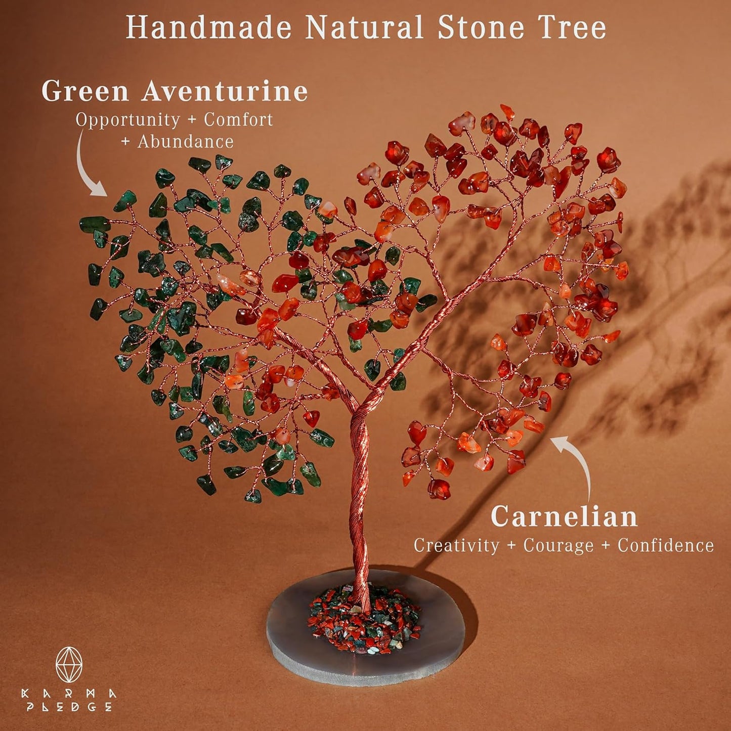 Crystal Tree for Home and Office Decoration, Carnelian & Green Aventurine Healing Stones Handmade Tree of Life for Positive Energy, Money, Good Luck, Christmas Decor, Birthday Gifts for Women, Mom