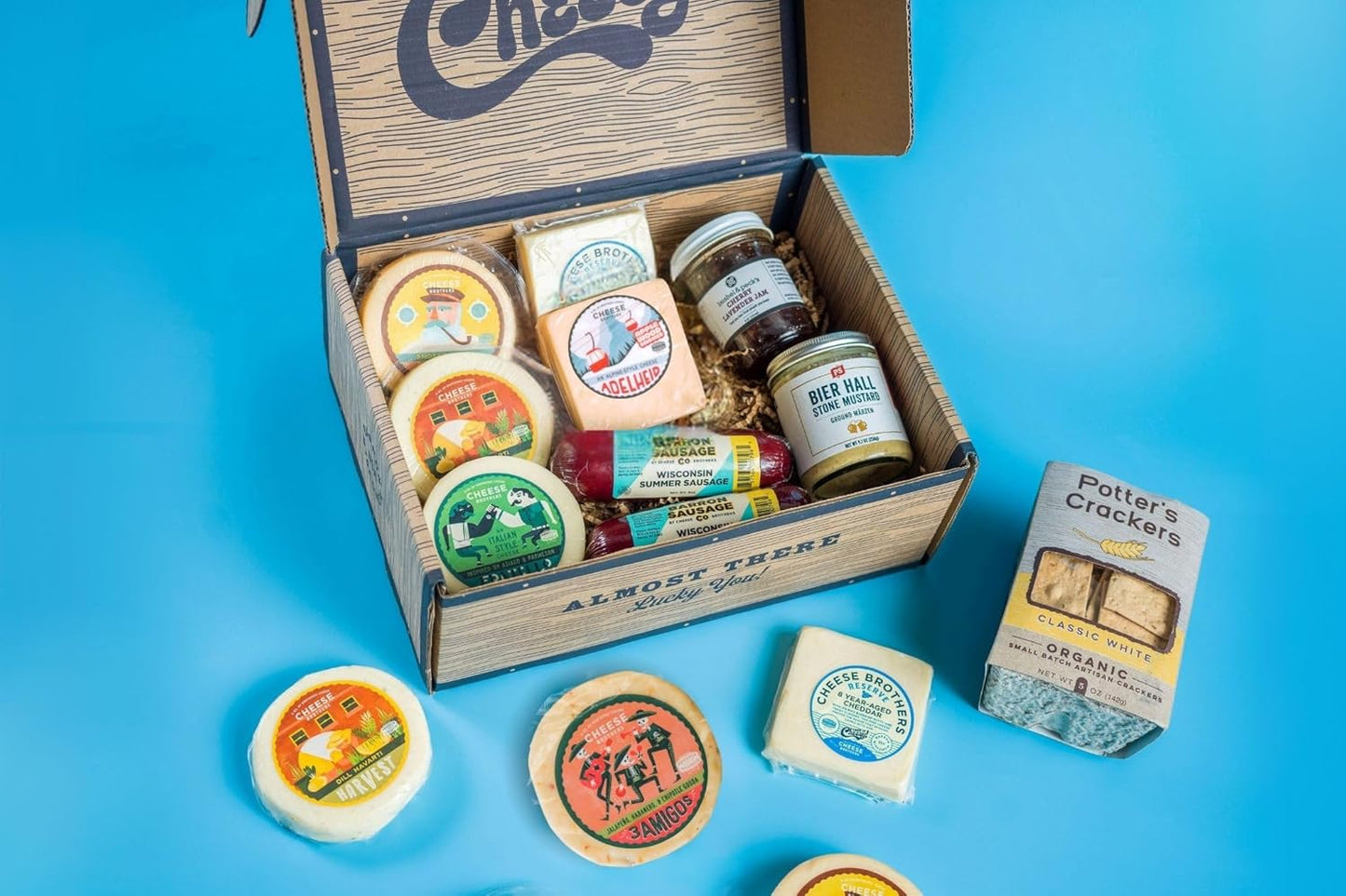 Cheese Bros. Deluxe Charcuterie Gift Box | Fresh from Wisconsin | Includes Dill Havarti, Smoked Gouda, Fratello, Adelheid, 8-Year Aged Cheddar, Summer Sausage, Jam, Mustard | Great Food Gifting Idea