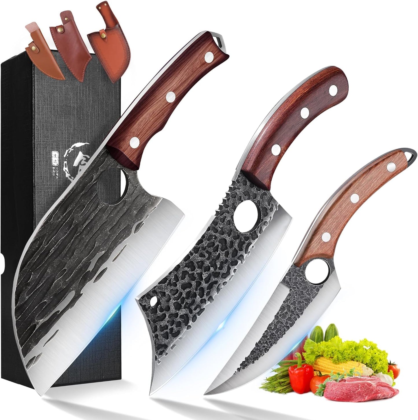 ROCOCO 3PCS Butcher Cleaver Knife Set for Meat Cutting Serbian Chef Knife Viking Boning Cleaver with Sheaths for Kitchen Outdoor BBQ Camping Birthday Father Mother Christmas Gift Idea Men
