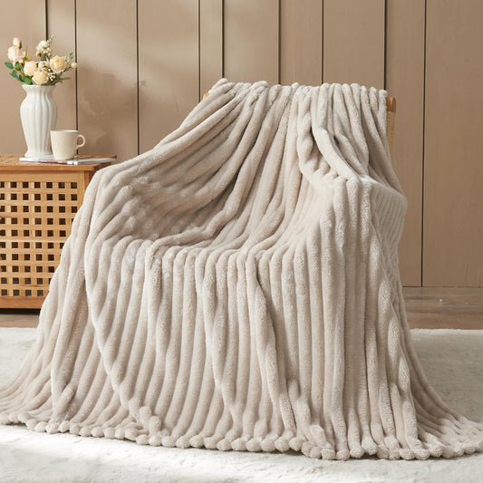 NEWCOSPLAY Super Soft Twin Blanket Linen Premium Silky Flannel Fleece 3D Ribbed Jacquard Lightweight Bed Blanket All Season Use (Linen Ribbed, Twin(60"x80"))