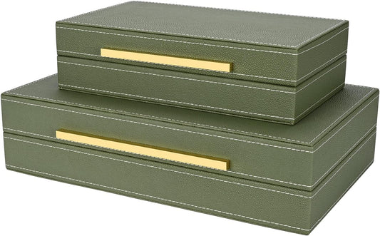 Green Shagreen box Set of 2 Faux Leather Decorative Boxes,Large Nesting Storage Decorative Boxes with Lids for Modern Home Decor Stacking Jewelry Box Organizer