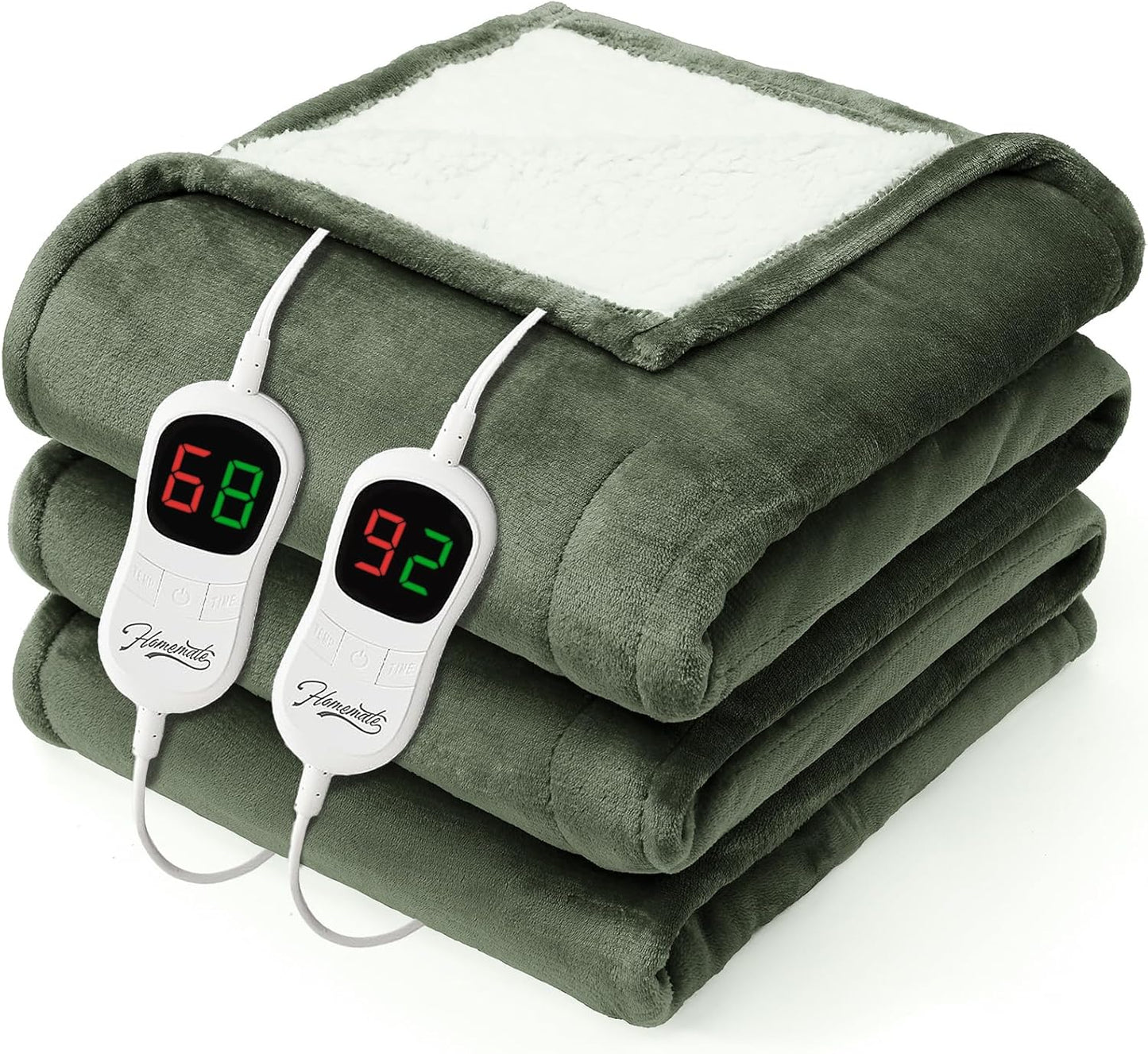 Homemate Electric Heated Blanket Queen - 84"x90" Heating Bed Blankets Throw with 10 Heating Levels 8 Hours Auto Off Fast Heating Over-Heated Protection Ultra Soft Warm Flannel ETL Certified Green