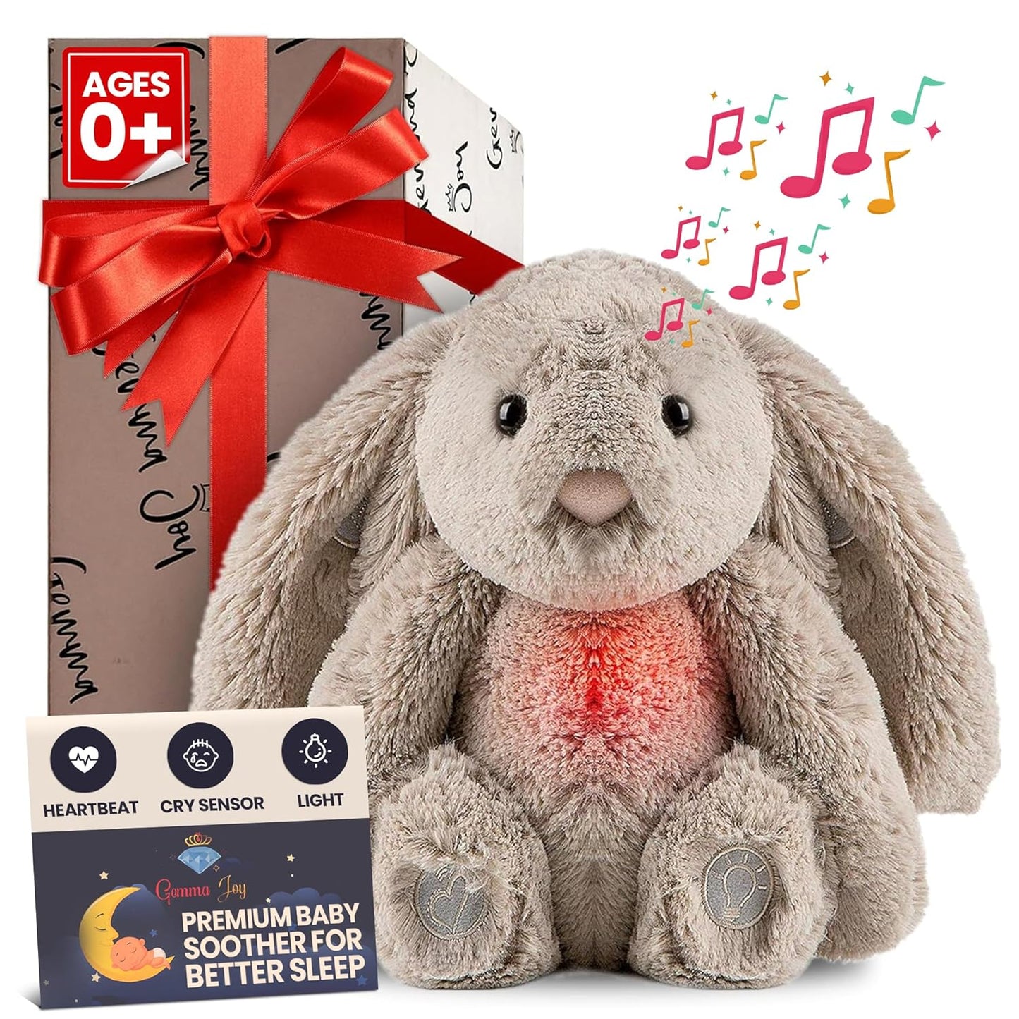 Gemma Joy Bedtime Baby Soothers for Sleep, Cry Activated Heartbeat Stuffed Animal for Baby, Newborn, Calming Light, Lullaby Music, White Noise, Shush and Mother’s Heartbeat - (Bunny, Rechargeable)