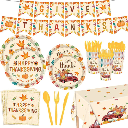 Fall Plates and Napkins Party Supplies, 142pcs Thanksgiving Party Decorations Happy Fall Maple Leaves Tableware Set for Fall Harvest Thanksgiving Birthday Party Decorations