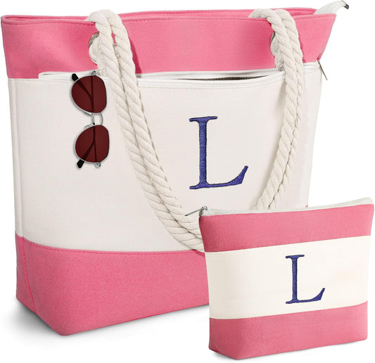 YOOLIFE Beach Bags for Women - Initial Canvas Tote Waterproof Bag with Makeup Bag Gifts for Women Mom Friend Birthday Her