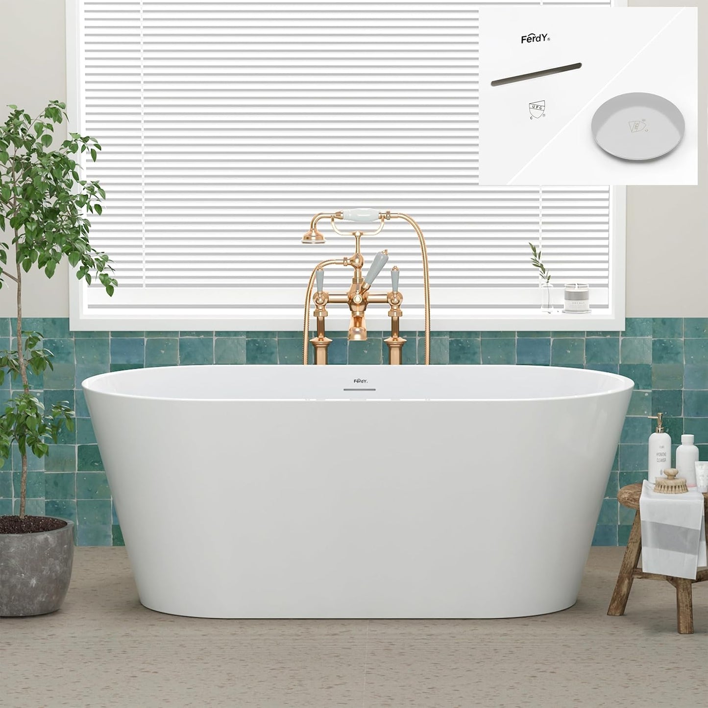 FerdY 59" Shangri-La Elite, Acrylic Freestanding Bathtub, Modern & Contemporary Design Soaking Tub with Polished Chrome Pop-Up Drain and Minimalist Design Overflow, Glossy White, cUPC Certified