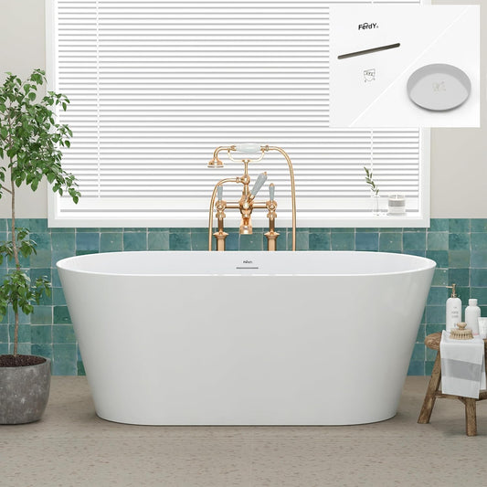 FerdY 59" Shangri-La Elite, Acrylic Freestanding Bathtub, Modern & Contemporary Design Soaking Tub with Polished Chrome Pop-Up Drain and Minimalist Design Overflow, Glossy White, cUPC Certified