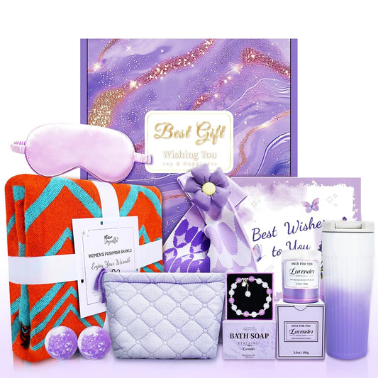 Happy Birthday Gifts for Women Mom Her Friend Sister Wife Grandma, Self Care Gifts Get Well Gifts Unique Relaxing Spa Gift Basket Set (Purple)