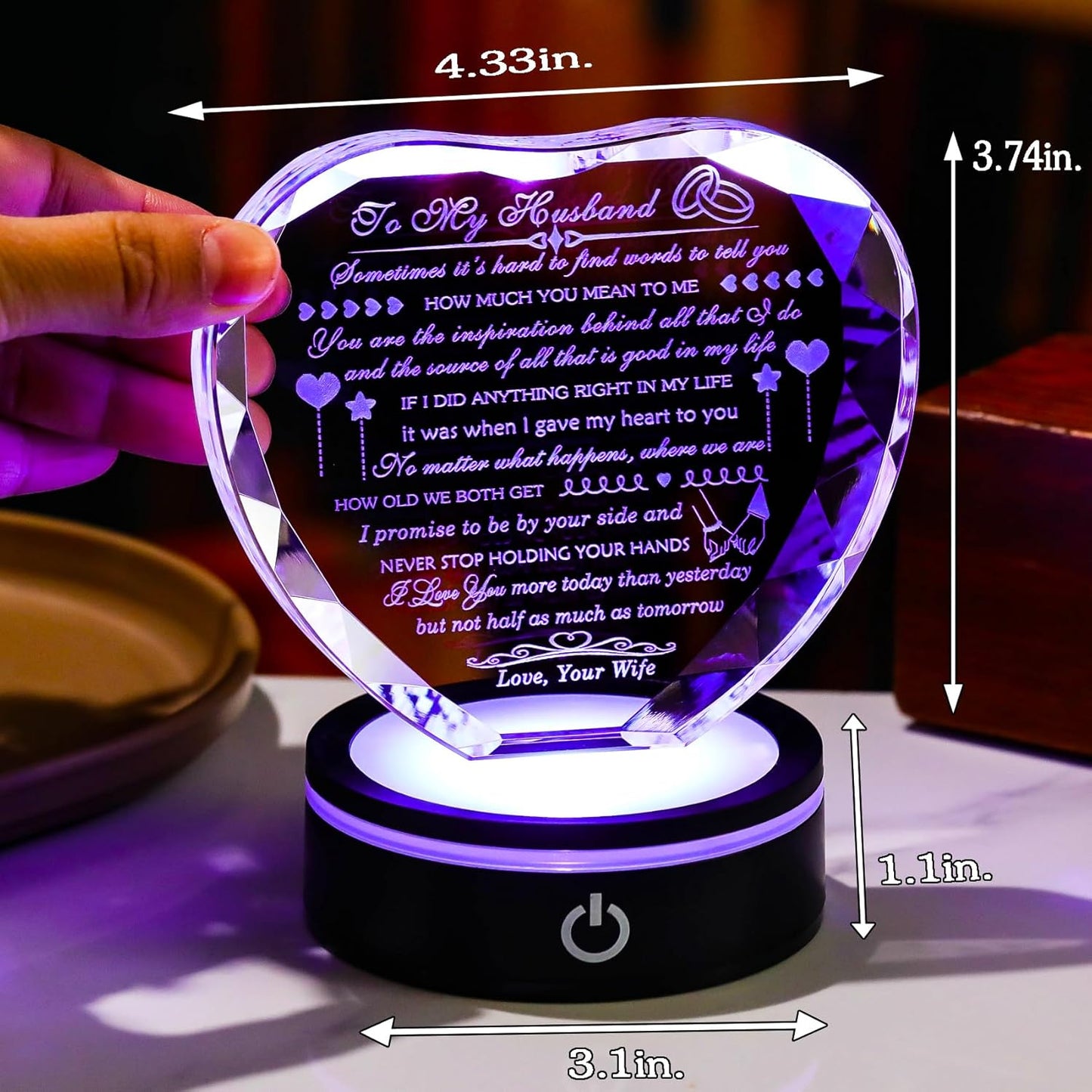 Gifts for Husband with Colorful LED Base Romantic Anniversary Wedding Gifts for Men Crystal Heart to My Husband Birthday Gift from Wife I Love You Gifts for Him on Valentine's Fathers Day Christmas
