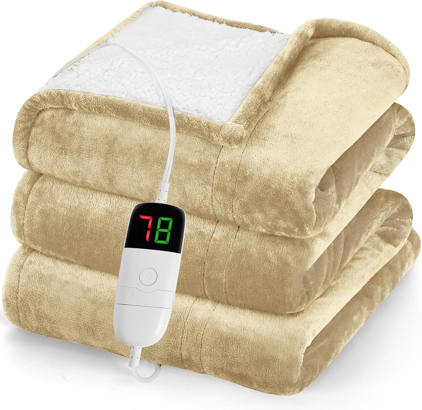 greenoak Heated Blanket Electric Throw 50"X60", Heating Blanket with 10 Heat Levels 1/2/4/6/8 Hours Auto-Off Overheat Protection, Soft Flannel Sherpa Warm Heater, ETL Certified Beige