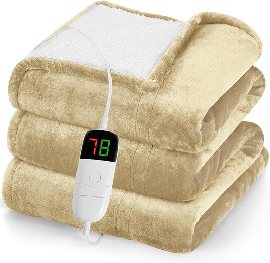 greenoak Heated Blanket Electric Throw 50"X60", Heating Blanket with 10 Heat Levels 1/2/4/6/8 Hours Auto-Off Overheat Protection, Soft Flannel Sherpa Warm Heater, ETL Certified Beige