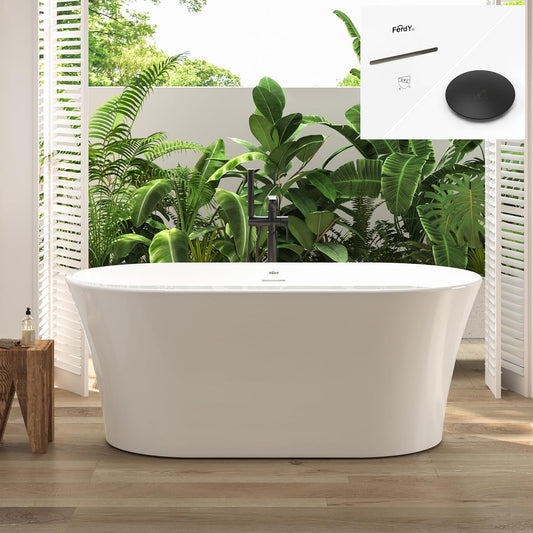 FerdY Mauritius 59" Acrylic Freestanding Tub, Oval Contemporary Soaker Tub, Extra Deep Bathtub, Matte Black Drain and Minimalist Linear Design Overflow, Modern White Bathtub, cUPC Certified