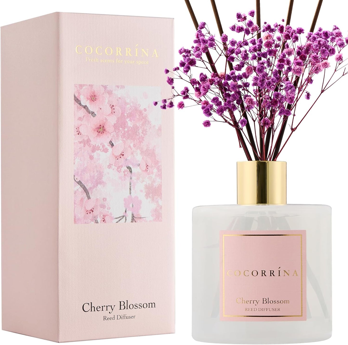 COCORRÍNA Reed Diffuser - Cherry Blossom 17 Fl.oz Reed Diffuser with 8 Sticks Scented Diffuser with Preserved Flowers for Bathroom Home Decor