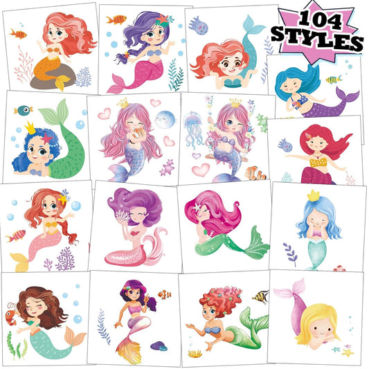 104 PCS Mermaid Temporary Tattoos for Kids Girls Birthday Decorations, Mermaid Fake Temp Tattoos Party Favors for Under The Sea Party Decorations Supplies