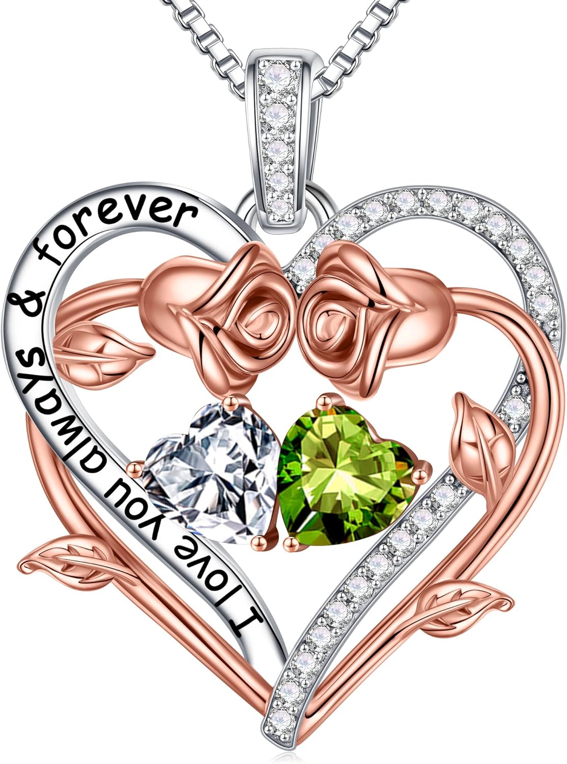 Iefil Rose Heart Double Birthstone Necklace Gifts for Wife Her Mom Women, Birthstone Jewelry Gemstone Birthday Gifts for Girlfriend Grandma Her Wife Women