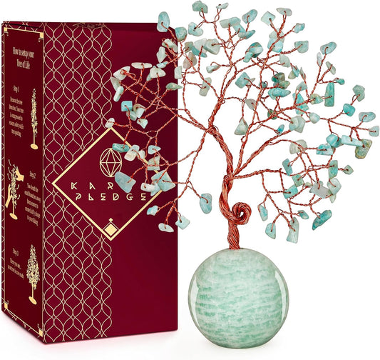 Crystal Tree of Life Home and Office Decor Gifts for Women, Amazonite Chakra Healing Stones Feng Shui Bonsai Tree for Positive Energy, Money, Good Luck, Christmas Decor, Birthday Gifts for Mom