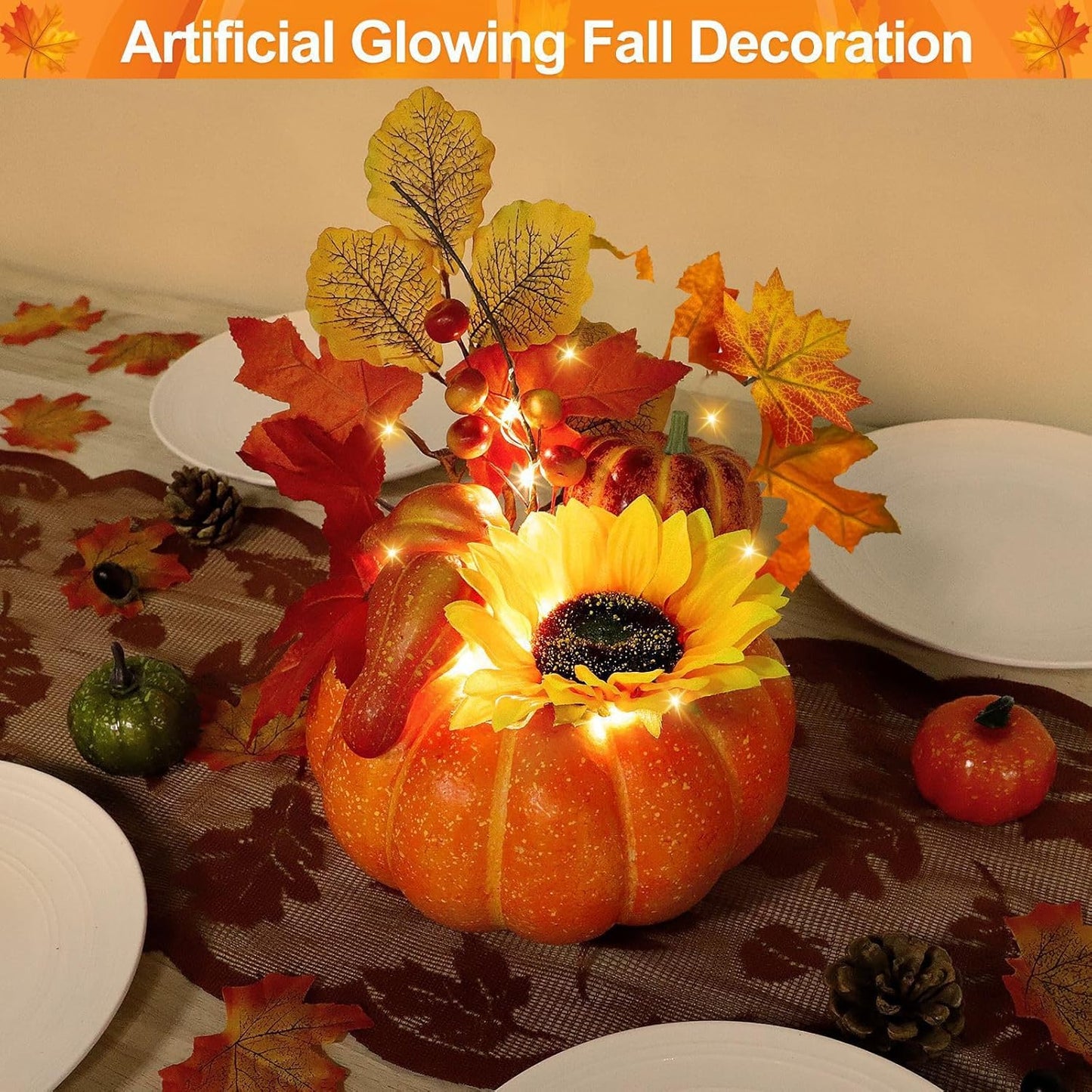 [Timer & Prelit] Thanksgiving Decorations Fall Decorations for Home, Artificial Fake Pumpkin with Maples Leaves Sunflower Berried 20 LED Lights Halloween Fall Centerpieces for Tables Home Porch Indoor