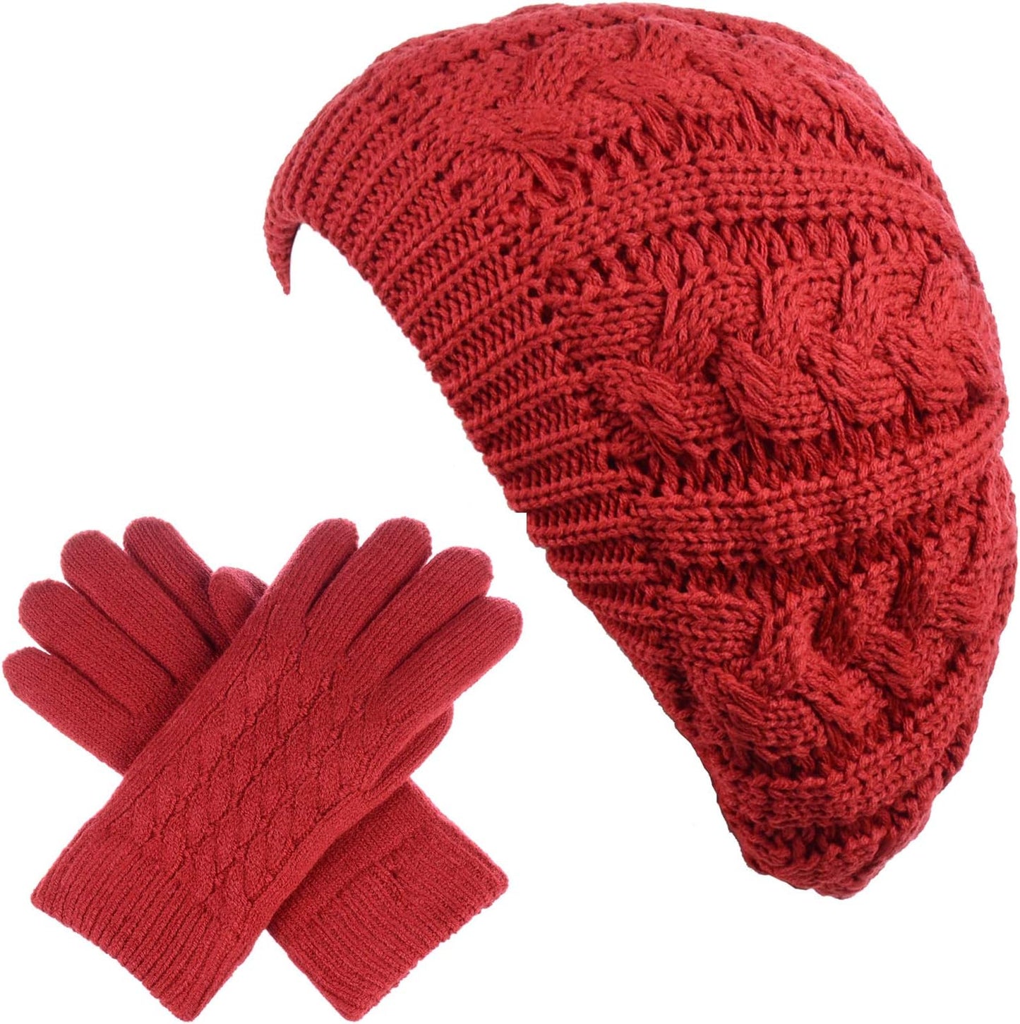 BYOS Womens Winter Cozy Cable Fleece Lined Knit Beret Beanie Hat (Set Available)