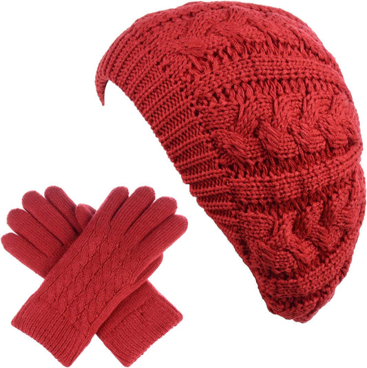 BYOS Womens Winter Cozy Cable Fleece Lined Knit Beret Beanie Hat (Set Available)