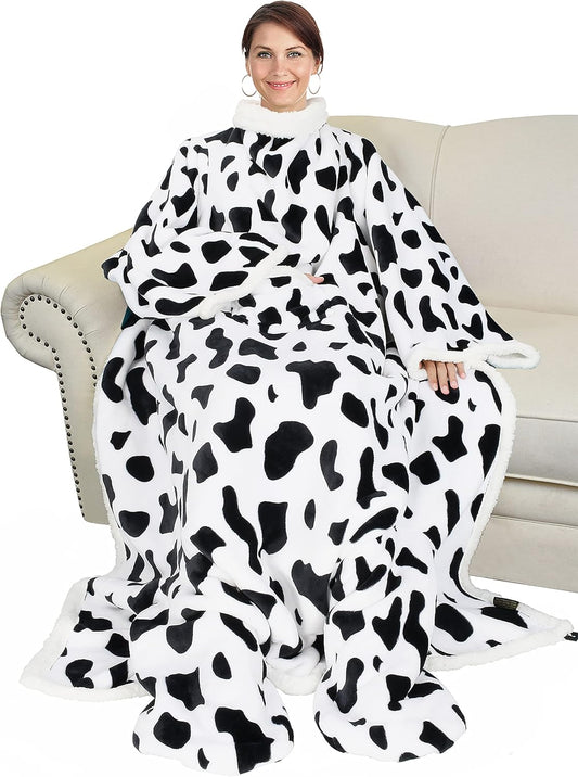 Catalonia Cow Print Sherpa Wearable Blanket with Sleeves & Foot Pockets for Adult Women Men, Comfy Snuggle Wrap Sleeved Throw Blanket Robe, Gift Idea