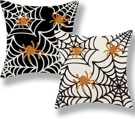 Halloween Pillow Covers 18x18 inch Set of 2 Black and White Spider Web Decorative Decoration Farmhouse Pillow Covers Outdoor Spider Decor Cushion Case for Home Couch Sofa Outdoor