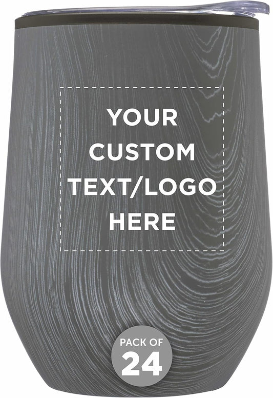 Custom Palmera Stemless Wine Tumblers with Lids 12 oz. Set of 24, Personalized Bulk Pack - Perfect for Wine, Cocktails, Other Hot & Cold Beverages - Rustic Grey