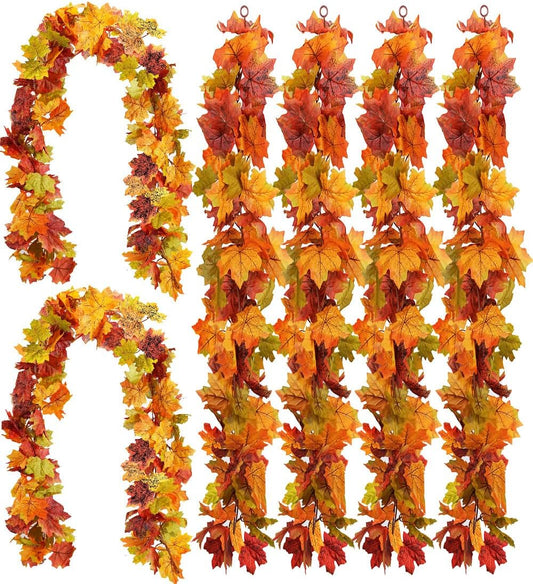 wohohoho 6 Packs Artificial Fall Leaves Garland, 5.9Ft/Pieces Autumn Maple Leaves Mantle Garland Hanging Vines for Home Decor Wedding Halloween Thanksgiving Christmas Indoor Outdoor Decorations
