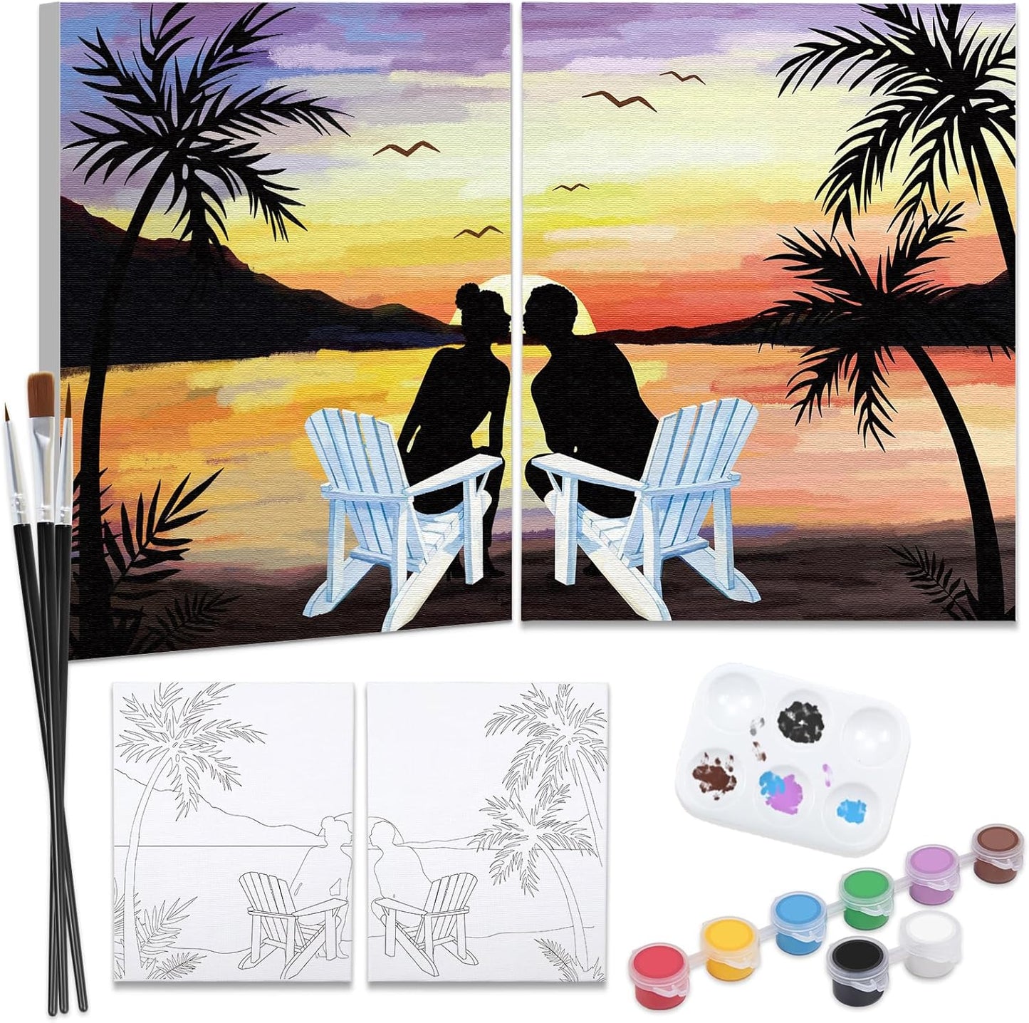 Nuberlic 2 Pack Pre Drawn Canvas for Painting Sip and Paint for Adult's Couple's Date Night Paint and Sip Kit for Outdoor Party Favor Supplies,Valentine's Day Gift(8x10)