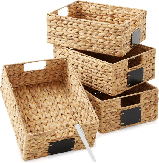 Casafield Set of 4 Water Hyacinth Pantry Baskets, 10" x 13" x 5", with Chalkboard Labels and Chalk Marker - Natural, Woven Storage Bin Organizers for Kitchen Shelves