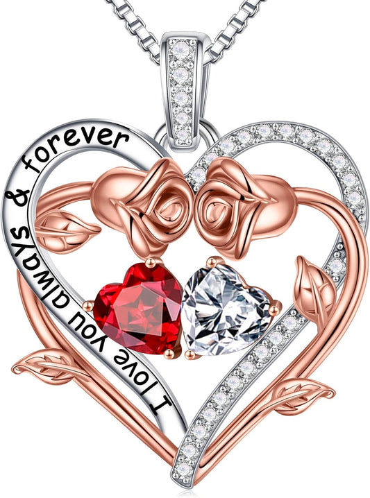 Iefil Rose Heart Double Birthstone Necklace Gifts for Wife Her Mom Women, Birthstone Jewelry Gemstone Birthday Gifts for Girlfriend Grandma Her Wife Women