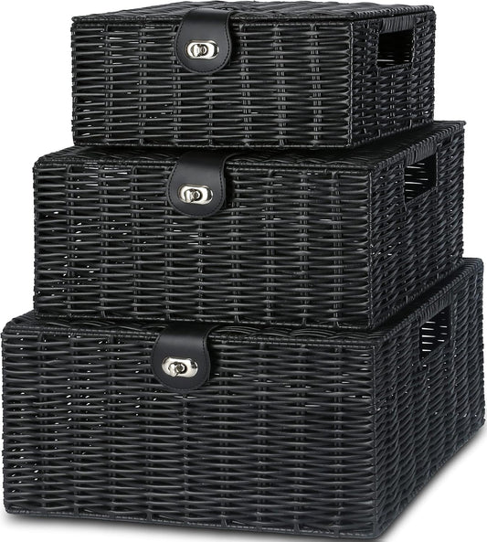 Honygebia Black Wicker Storage Baskets - Set of 3 Decorative Nesting Boxes with Lids, Woven Basket with Lock & Handle, Organizer for Beauty Makeup Bathroom Decor