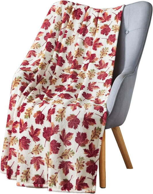 Fall Fleece Throw Blanket: Maple Leaves Autumn Prints on Soft Microfiber, Accent for Sofa Couch Chair Bed Dorm Outdoor Events