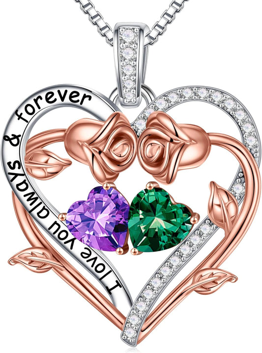 Iefil Rose Heart Double Birthstone Necklace Gifts for Wife Her Mom Women, Birthstone Jewelry Gemstone Birthday Gifts for Girlfriend Grandma Her Wife Women