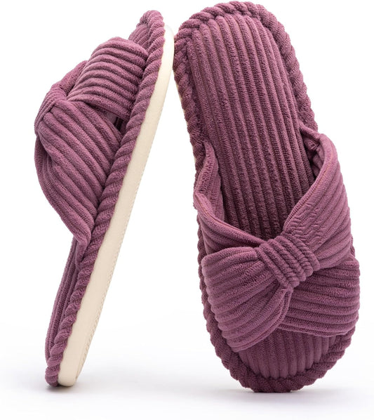 Chantomoo Slippers for Women Memory Foam House Womens Slipper Slides Home Bedroom Bathroom Spa Open Toe Corduroy Bow Slippers Cozy Comfortable