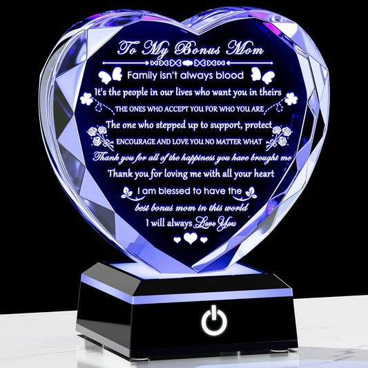 Bonus Mom Gifts with Colorful LED Base Crystal Heart Mothers Day Birthday Gifts for Stepmother Bonus Mom from Bonus Daughter Son Gift for Stepmom Mother in Law on Christmas Valentines