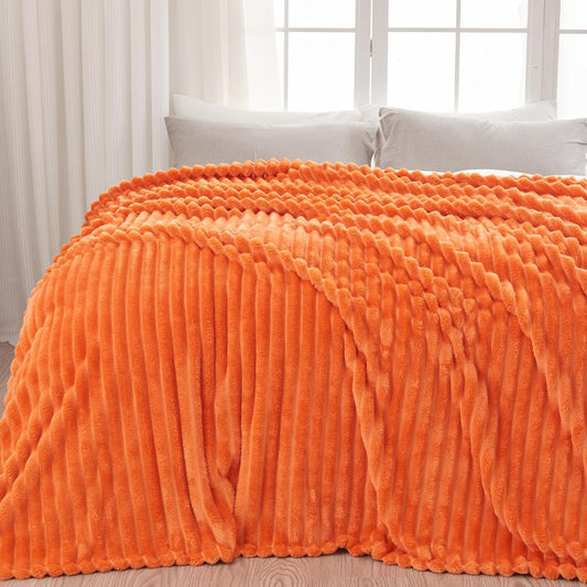 NEWCOSPLAY Super Soft Fall King Blanket Orange Premium Silky Flannel Fleece 3D Ribbed Jacquard Lightweight Bed Blanket All Season Use (Orange Ribbed, King(90"x110"))