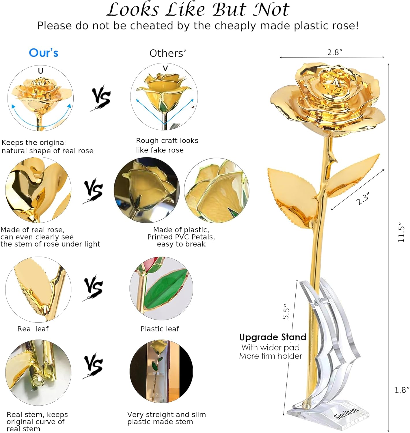 Sinvitron Gold Dipped Rose Real 24K Gold Rose, Hand Dipped One of a Kind Golden Roses, Romantic Gifts for Women on Birthday, Anniversary, Mother’s Day (Golden)
