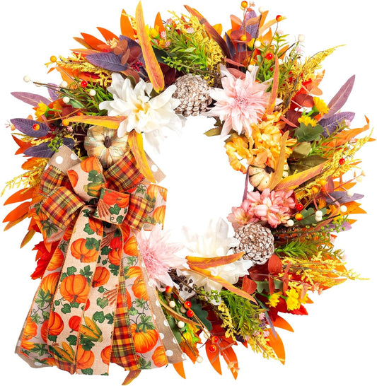 24" Fall Wreaths for Front Door Outside, Autumn Thanksgiving Harvest Wreath with Pumpkins Dahlias Pinecones & Bow Farmhouse Decoration for Porch Wall Indoor