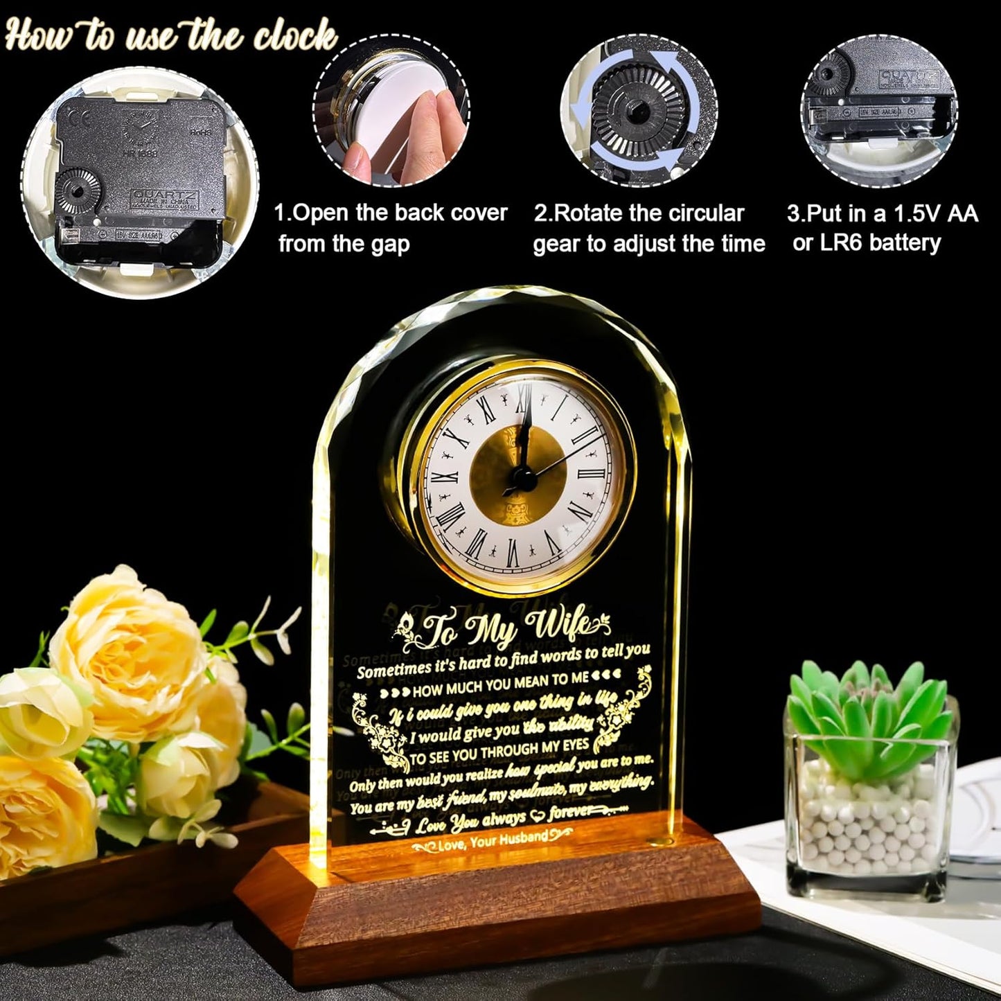 Glass Clock Gifts for Wife from Husband with Wooden Light Base, Personalized Gift for Wife Who Has Everything on Birthday Valentine's Day, Presents for Her on Christmas Home Desk Clock