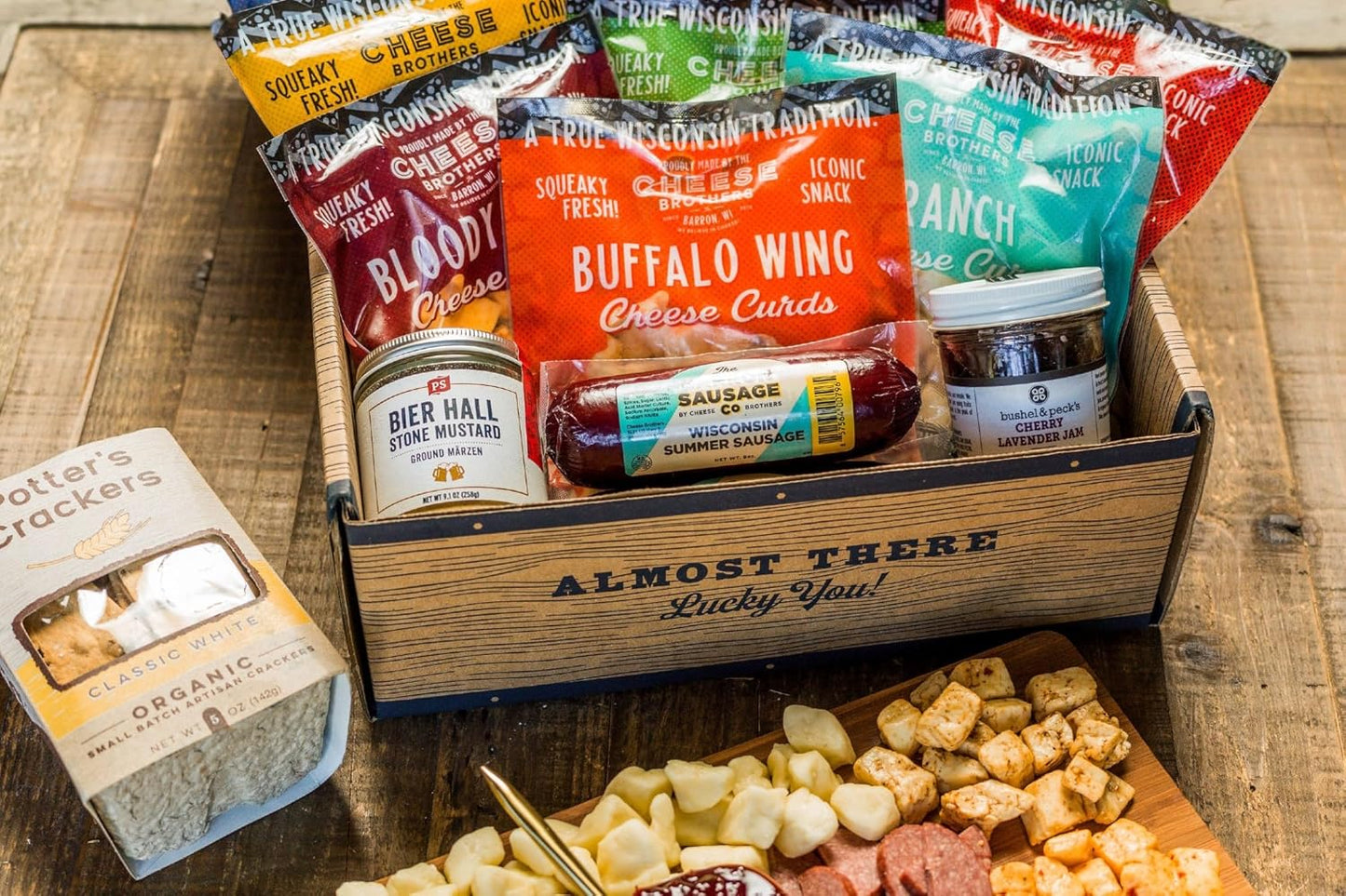 Cheese Bros Deluxe Char-CURD-erie Gift Box | Fresh from Wisconsin | Includes Flavored Curds, Mustard, Summer Sausage, Jam and Organic Crackers | Ready to Serve Charcuterie Board