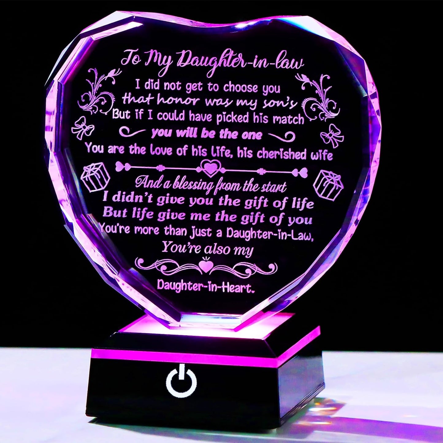 Daughter in Law Gifts, Heart Crystal Keepsake Presents for Daughter in Law with Colorful LED Light Base, Gifts for Daughter in Law from Mother in Law on Christmas Birthday, Wedding Day, Anniversary