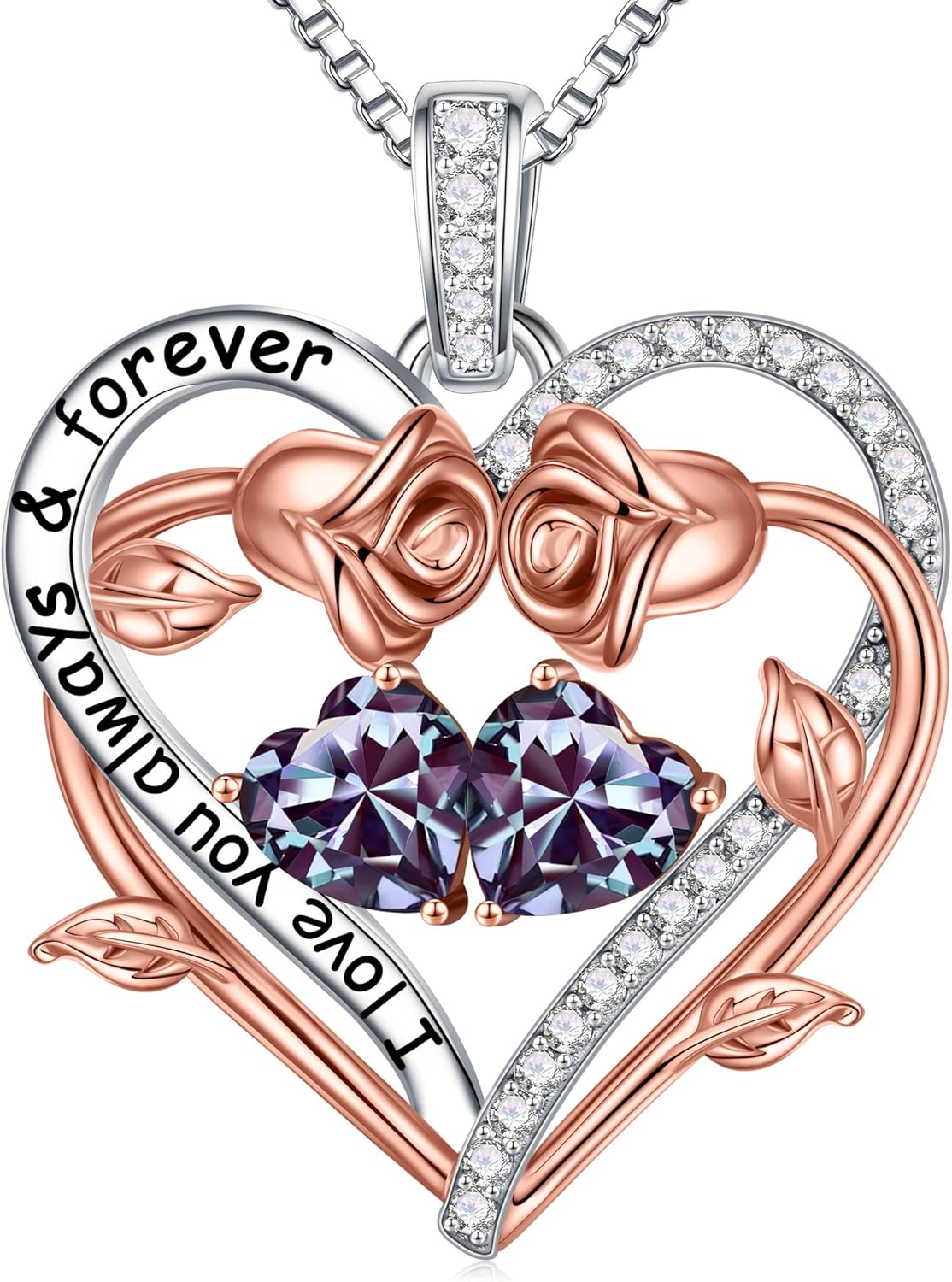 Iefil Rose Heart Double Birthstone Necklace Gifts for Wife Her Mom Women, Birthstone Jewelry Gemstone Birthday Gifts for Girlfriend Grandma Her Wife Women