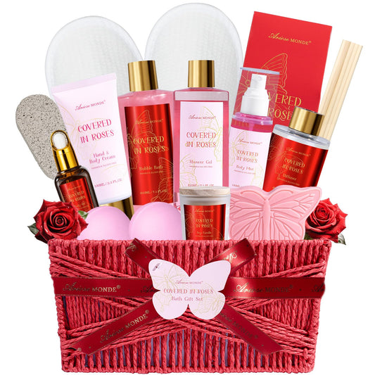 Gifts for Women,15Pcs Rose Amber Bath Relaxing Spa Gift Basket for Her, Mom, Sister, Female Friends, Daughter,Unique Bath Gift Set Idea for Women Who Have Everything, Mothers Day Gifts for Mom