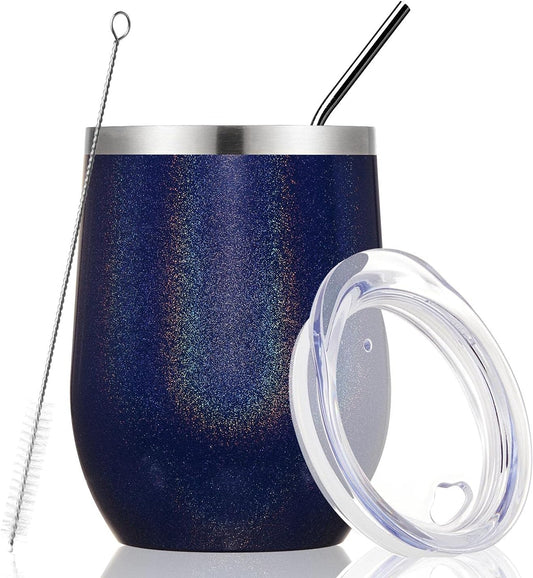 MEWAY Stemless 12 OZ Wine Tumbler Glasses with Lid -Insulated Double Wall Vacuum Stainless Steel Glitter Tumbler with Straw,for Woman Under 10 dollars (Rainbow Navy,1)