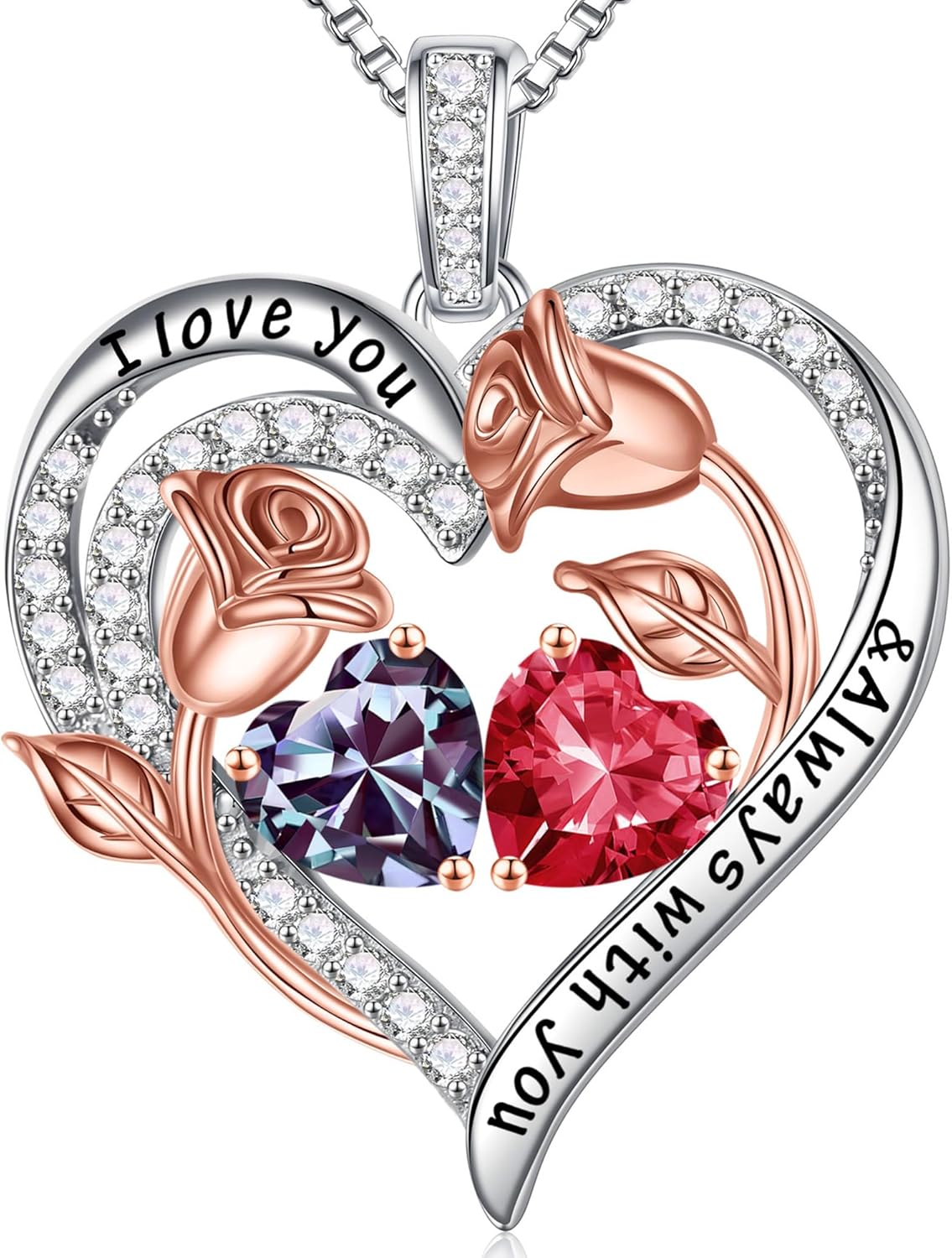 Iefil Birthstone Necklace for Women - 925 Sterling Silver Rose Heart Birthstone Necklace Birthday Anniversary Jewelry Gifts for Her Wife Mom Daughter