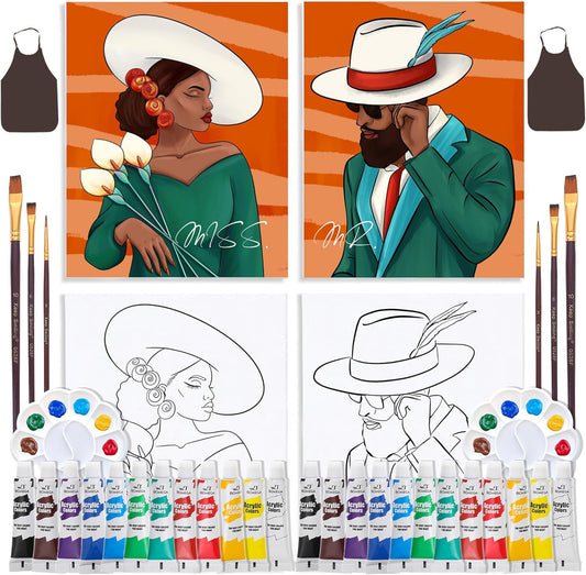 Cularve 2 Pack Date Night Painting Kit for Couples - Pre-Painted Couple Paint and Sip Party Set, Elegant Gentleman and Lady Paint and Sip Party Kit (8x10)