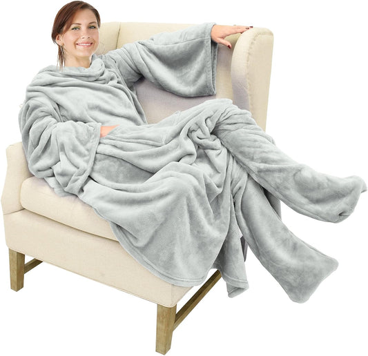 Catalonia Wearable Fleece Blanket with Sleeves and Foot Pockets for Adult Women Men, Micro Plush Comfy Wrap Sleeved Throw Blanket Robe Large, Grey