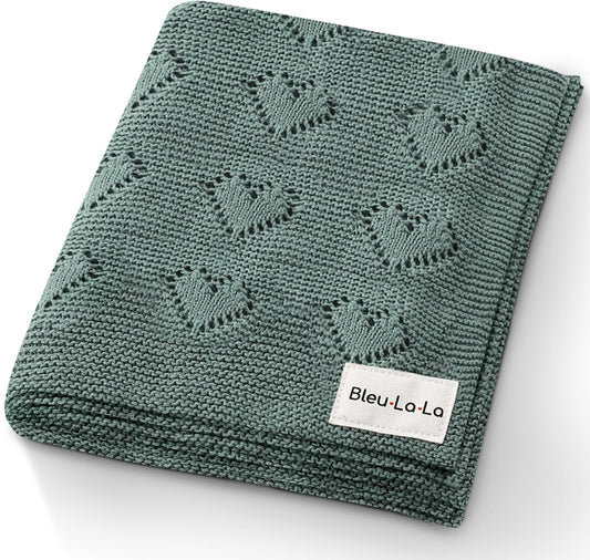 Gender Neutral Swaddling Blanket 100% Soft Cotton Heart Knit Swaddle Baby Blanket for Girls & Boys - Soft Warm Receiving Crib Blanket for Newborns Infants Toddlers (Hunter Green, 0-2 Years)