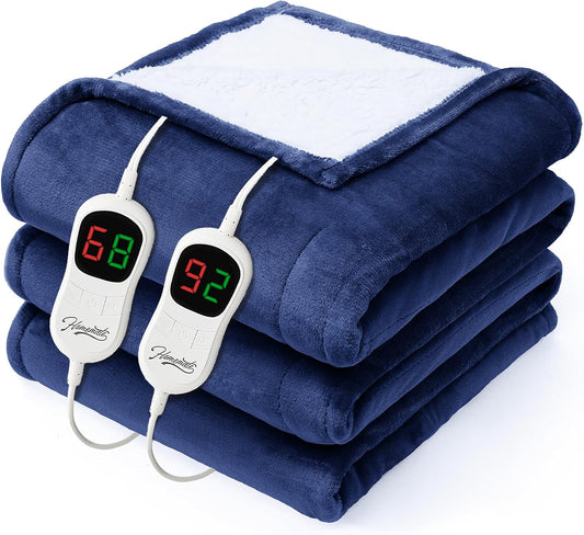 Homemate Electric Heated Blanket Queen - 84"x90" Heating Bed Blankets Throw with 10 Heating Levels 8 Hours Auto Off Fast Heating Over-Heated Protection Ultra Soft Warm Flannel ETL Certified Navy Blue